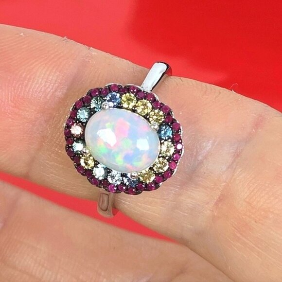 925 Sterling Silver Ring Sz 6.75 with Natural White Opal 10x7mm & Sapphire Gem - Picture 4 of 9